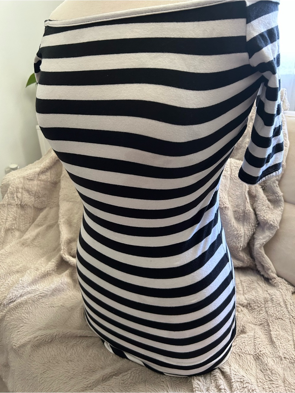 SHEIN Black and White Striped Off-Shoulder Bodycon Dress.  Spandex, good